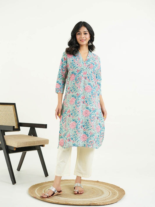 Cotton Printed Classic Straight Kurta Green