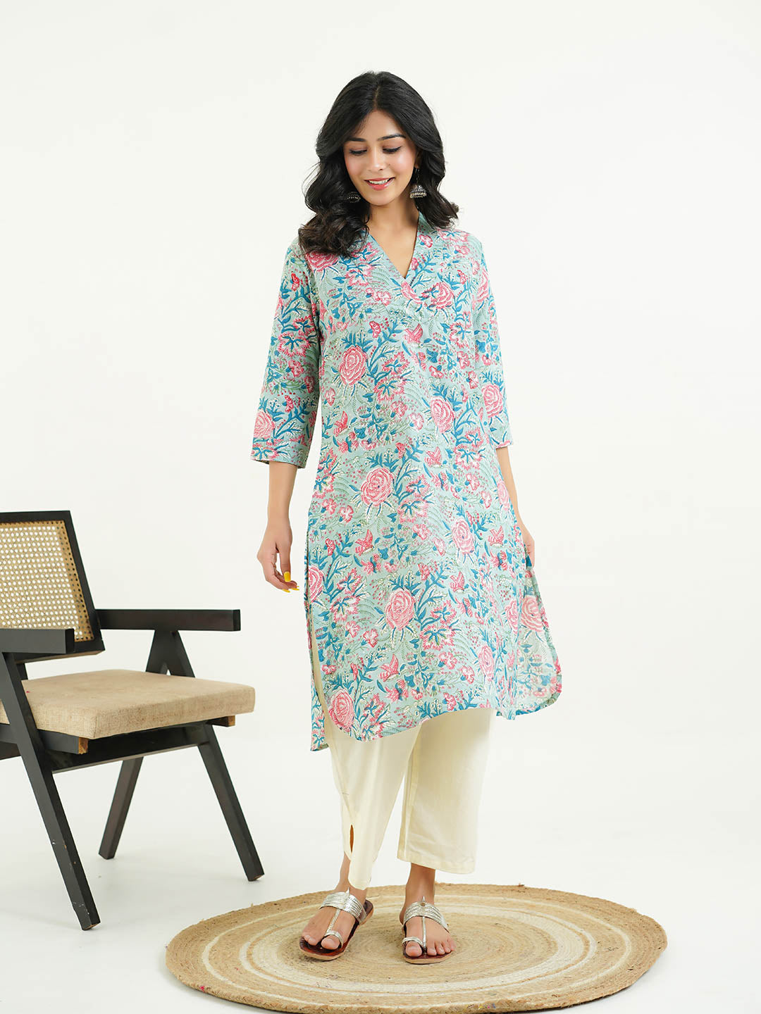 Cotton Printed Classic Straight Kurta Green