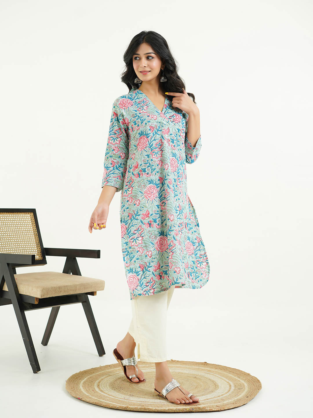 Cotton Printed Classic Straight Kurta Green
