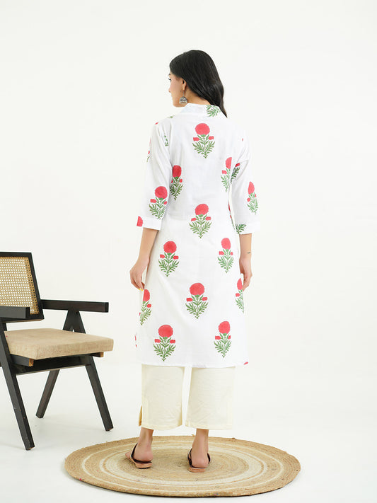 Cotton Printed Classic Straight Kurta White