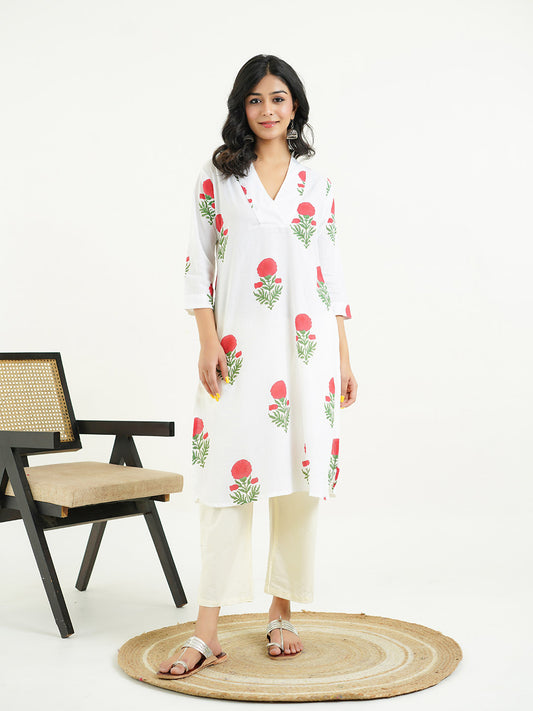 Cotton Printed Classic Straight Kurta White