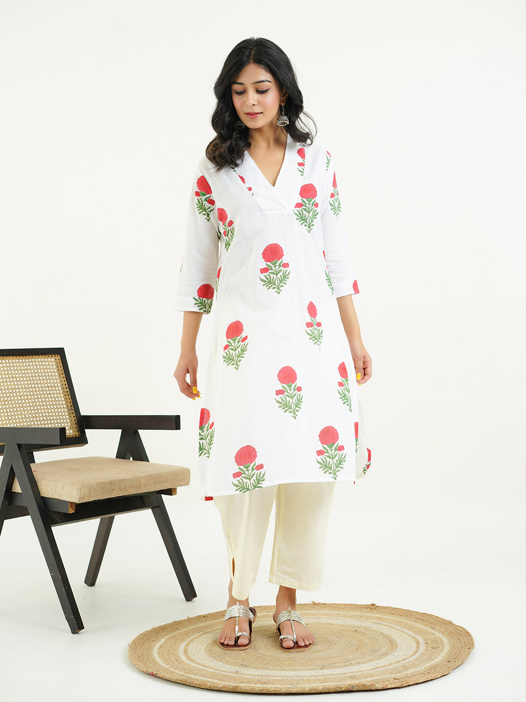 Cotton Printed Classic Straight Kurta White