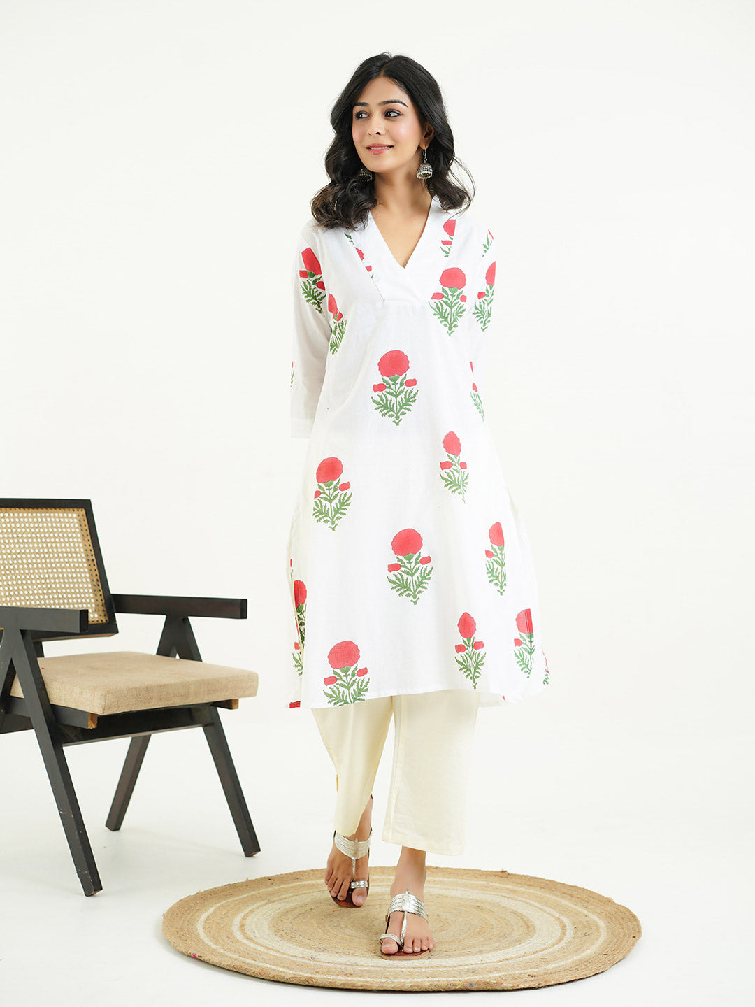 Cotton Printed Classic Straight Kurta White
