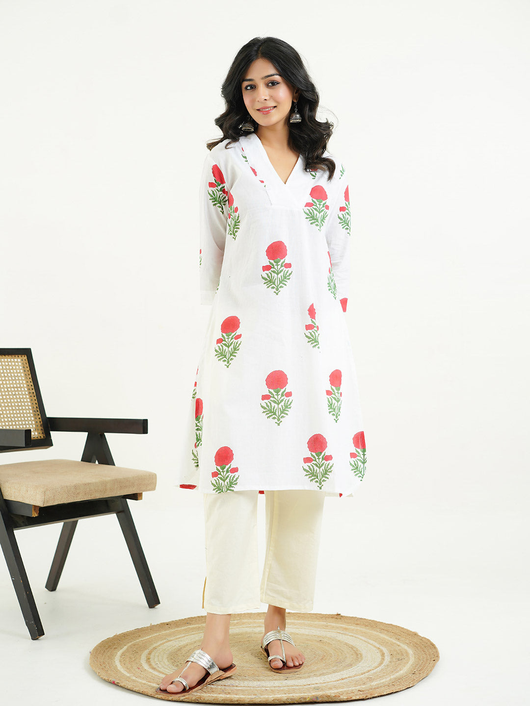 Cotton Printed Classic Straight Kurta White
