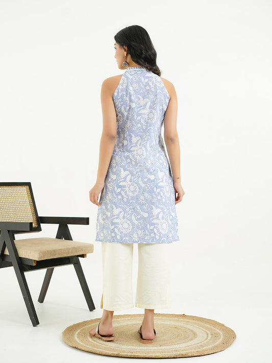 Sleeveless Cotton Halter Neck Kurti Lavender