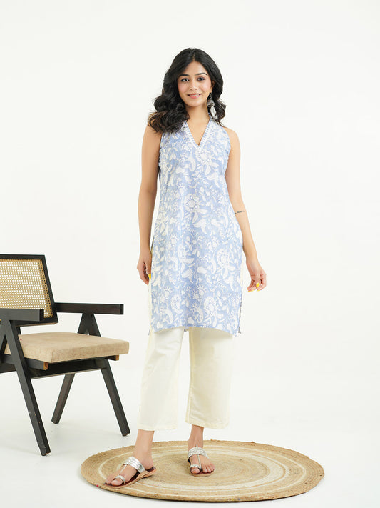 Sleeveless Cotton Halter Neck Kurti Lavender