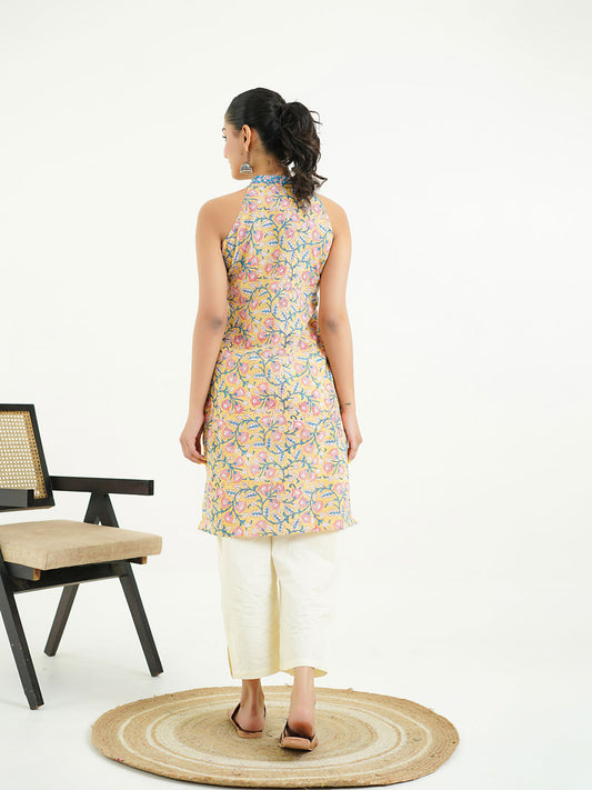 Sleeveless Cotton Halter Neck Kurti Yellow