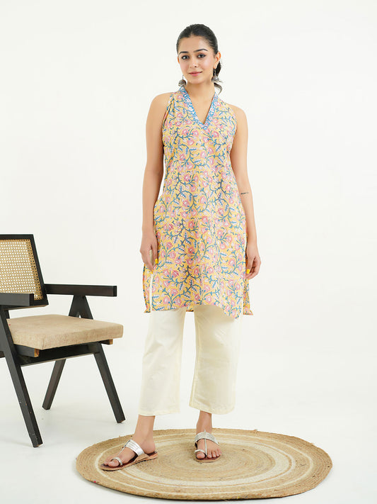 Sleeveless Cotton Halter Neck Kurti Yellow