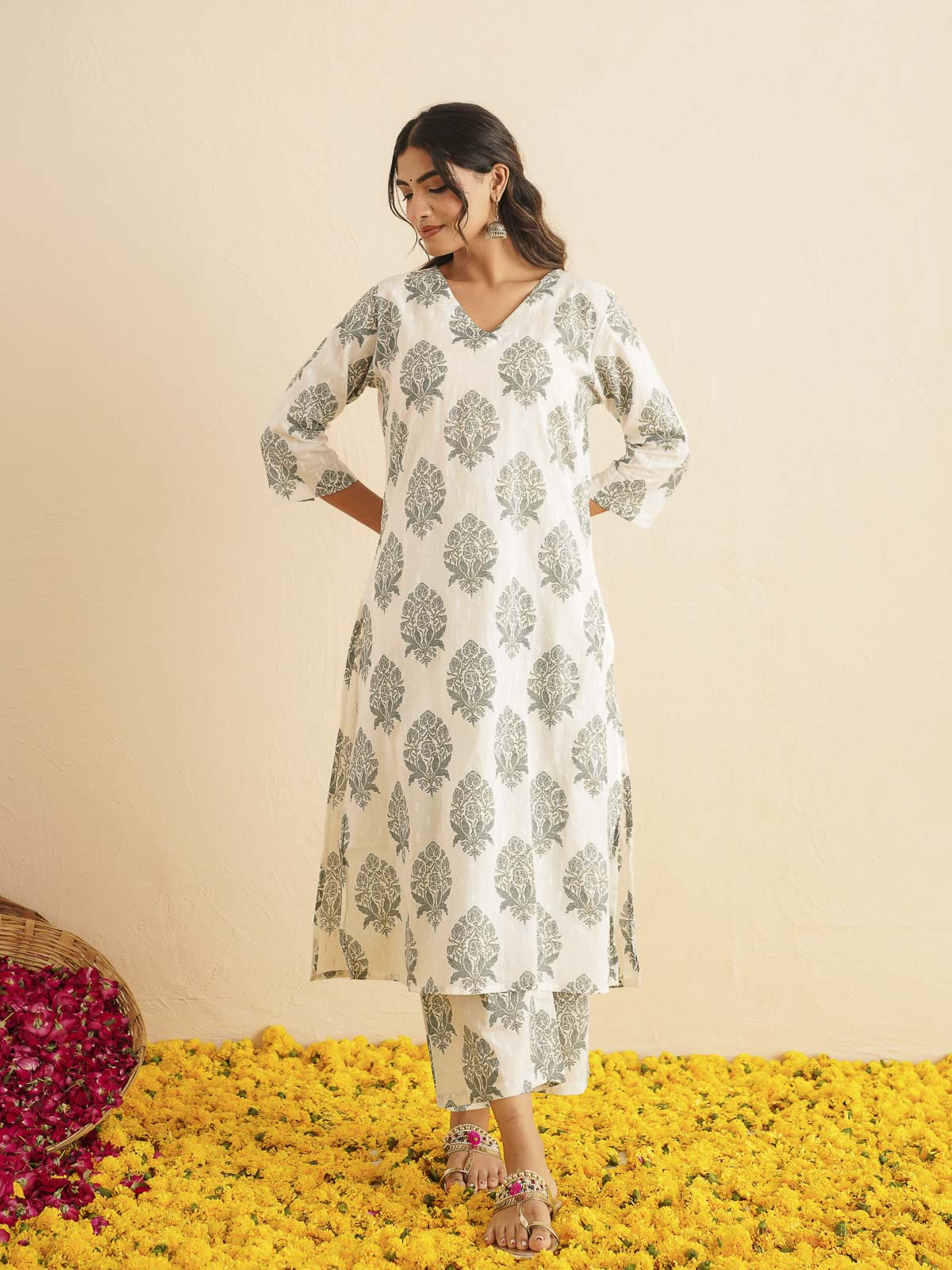 Cotton Printed V-Neck Style Set For Women White