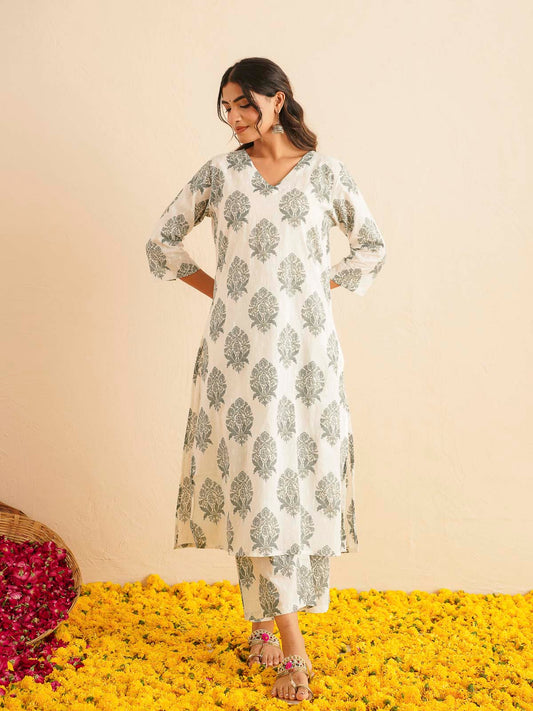 Cotton Printed V-Neck Style Set For Women White