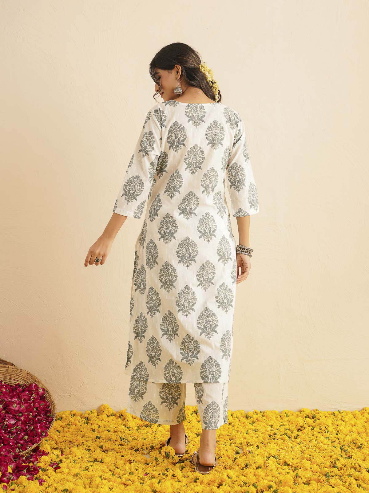Cotton Printed V-Neck Style Set For Women White