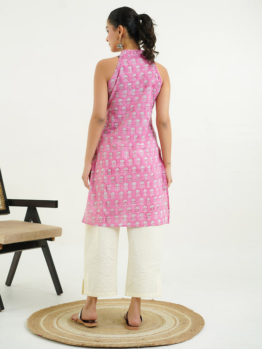 Sleeveless Cotton Halter Neck Kurti Pink