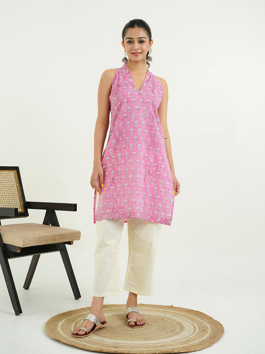 Sleeveless Cotton Halter Neck Kurti Pink