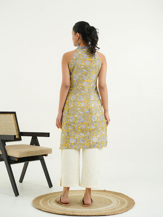 Sleeveless Cotton Halter Neck Kurti Mustard