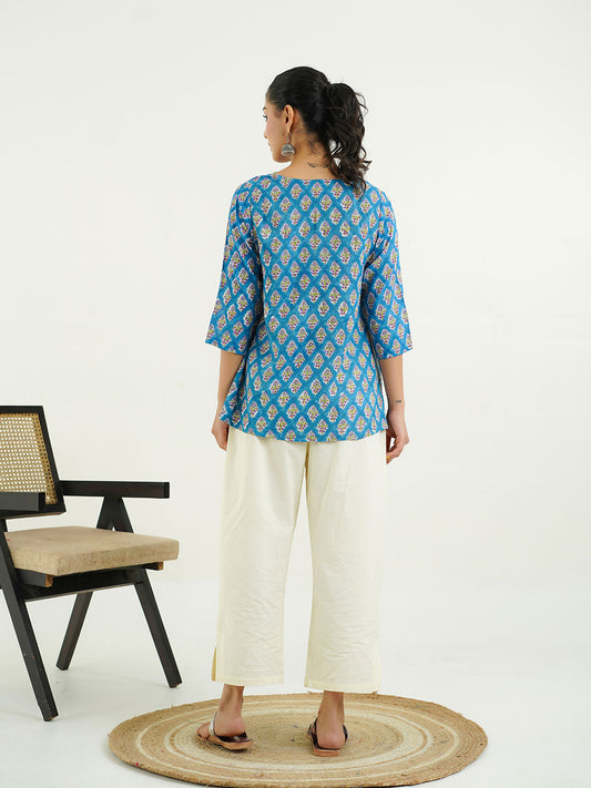 Block Printed Cotton Pleated Top Blue