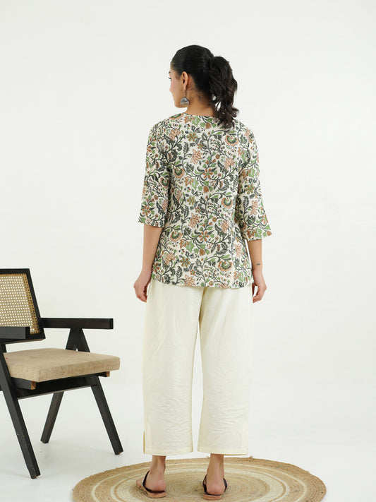 Block Printed Cotton Pleated Top Off-White