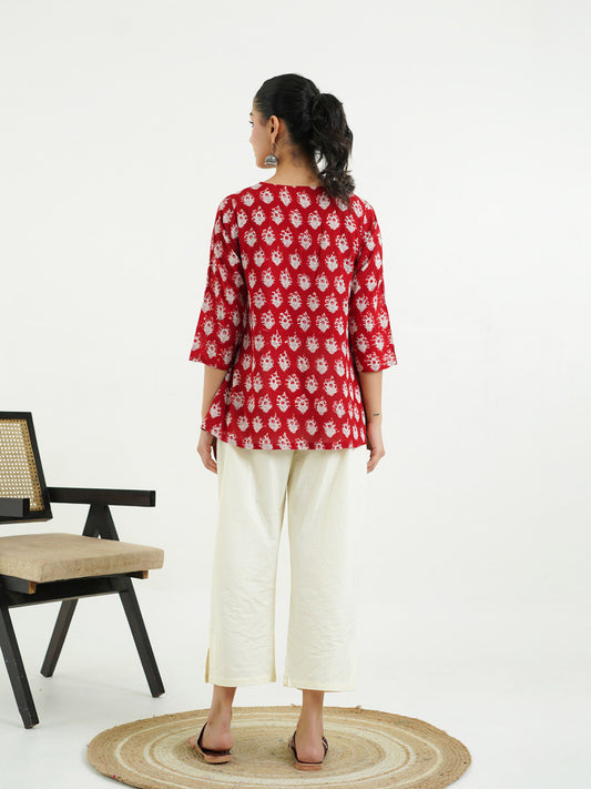 Block Printed Cotton Pleated Top Red