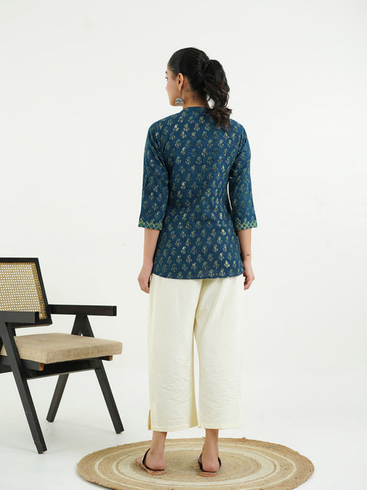 Chinese Collar Pintucks Short Kurta Indigo