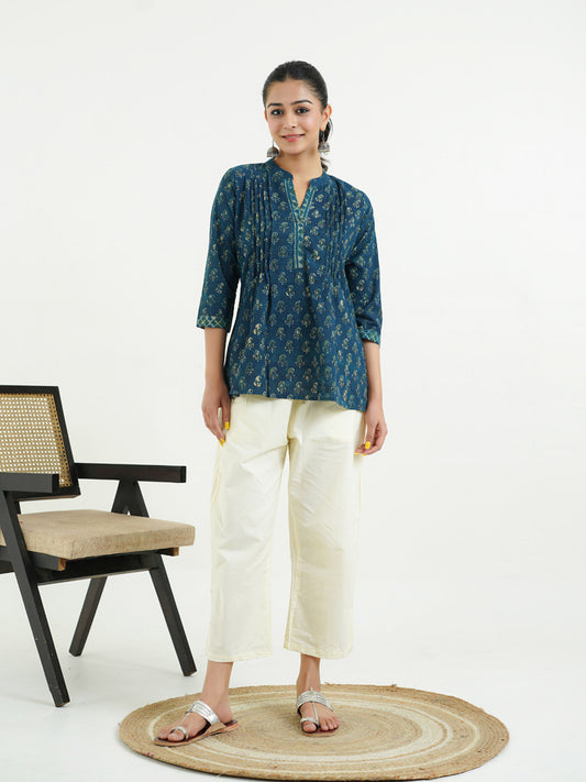 Chinese Collar Pintucks Short Kurta Indigo