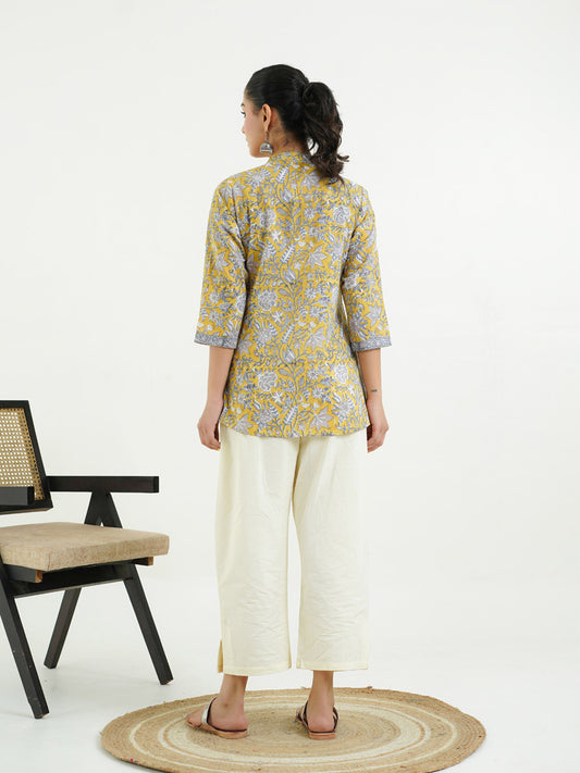 Chinese Collar Pintucks Short Kurta Mustard