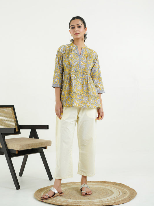 Chinese Collar Pintucks Short Kurta Mustard