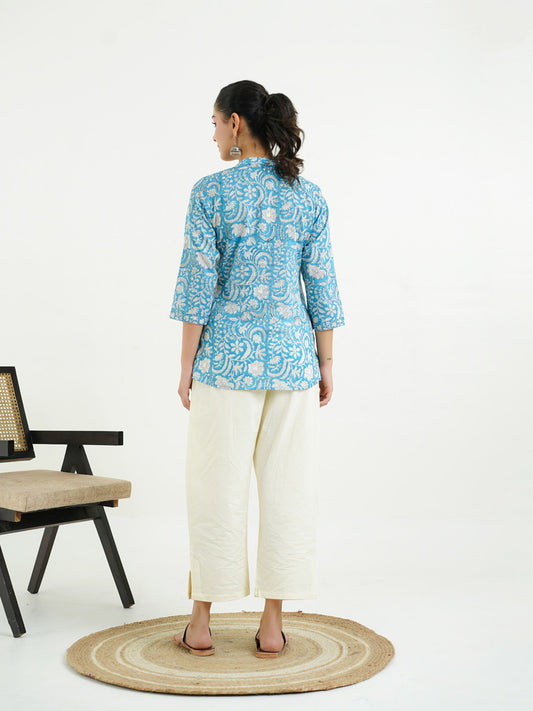 Chinese Collar Pintucks Short Kurta Light Blue