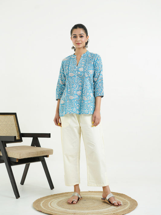 Chinese Collar Pintucks Short Kurta Light Blue