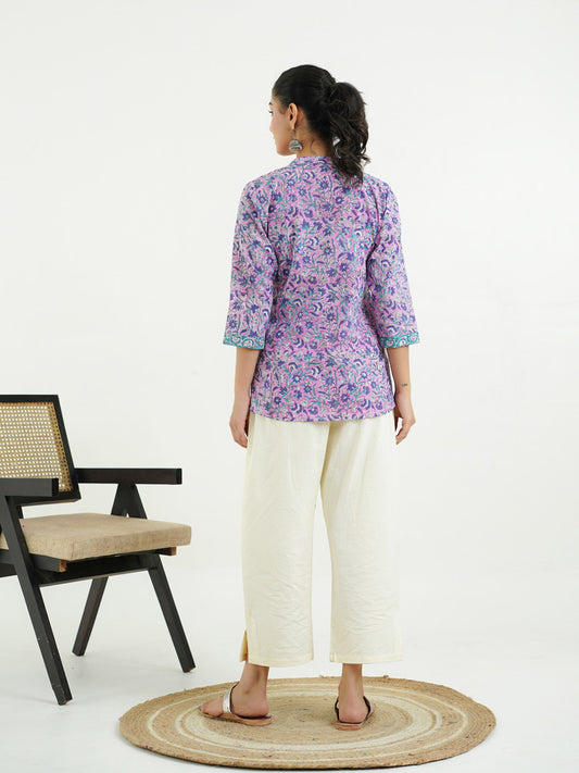 Chinese Collar Pintucks Short Kurta Purple