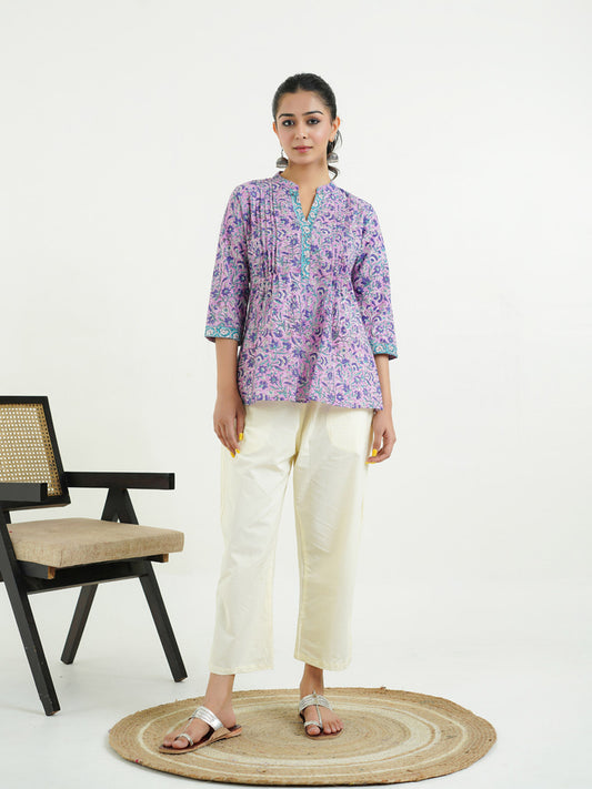 Chinese Collar Pintucks Short Kurta Purple