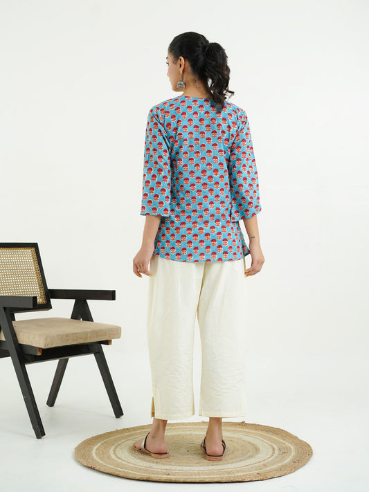 3/4th Sleeves Block Printed Cotton Top Turquoise