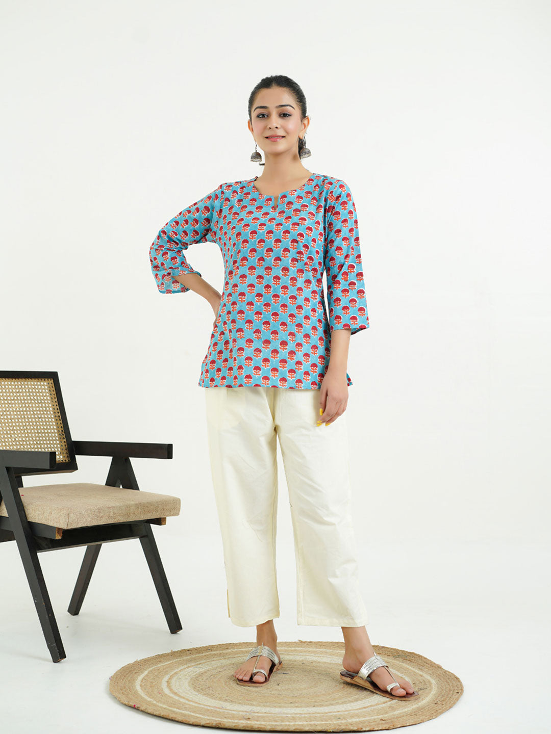3/4th Sleeves Block Printed Cotton Top Turquoise