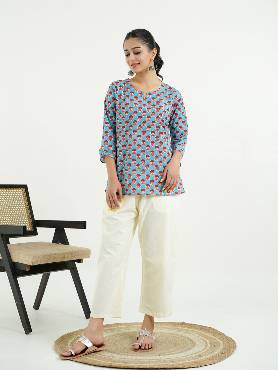 3/4th Sleeves Block Printed Cotton Top Turquoise