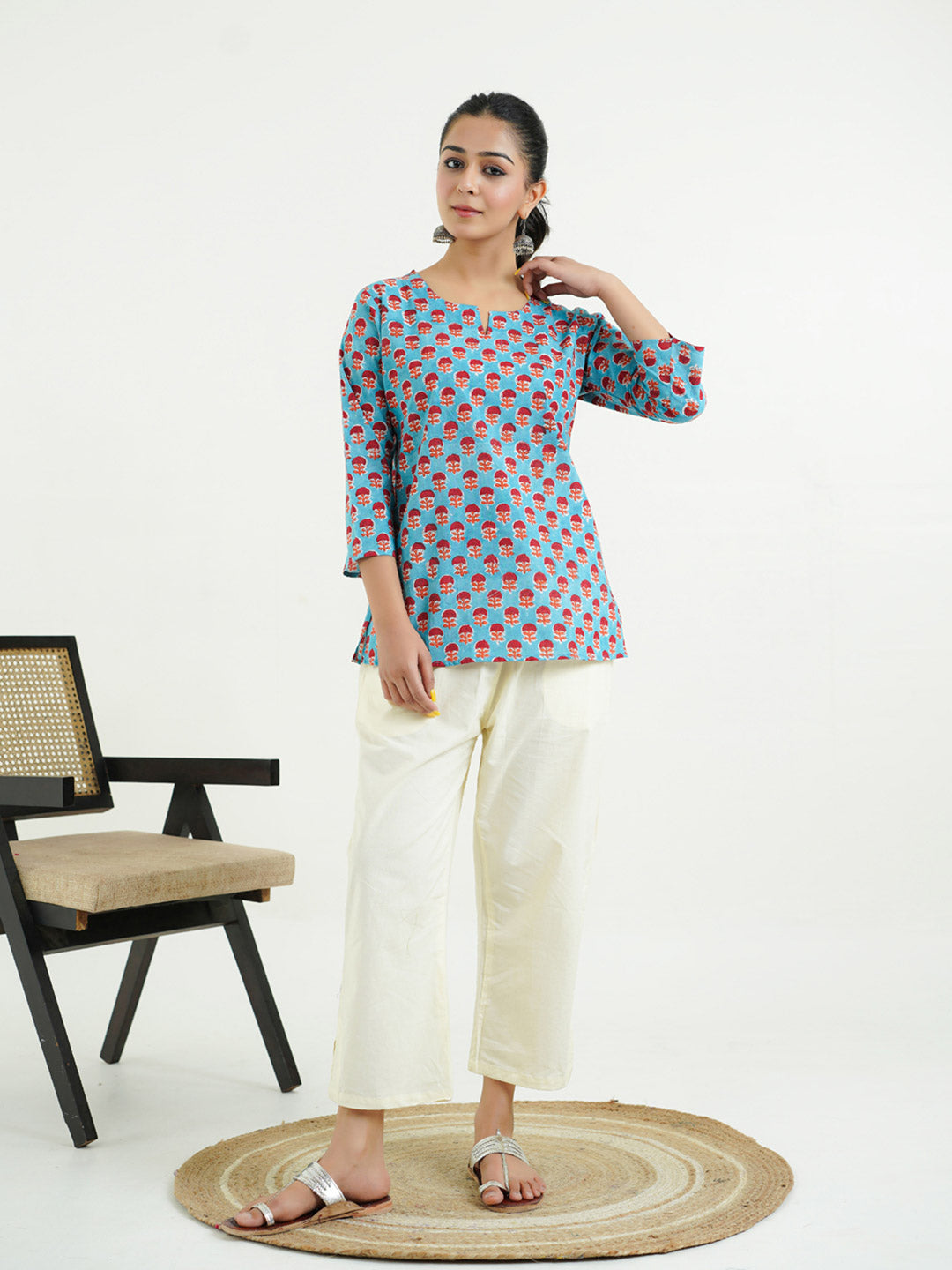 3/4th Sleeves Block Printed Cotton Top Turquoise