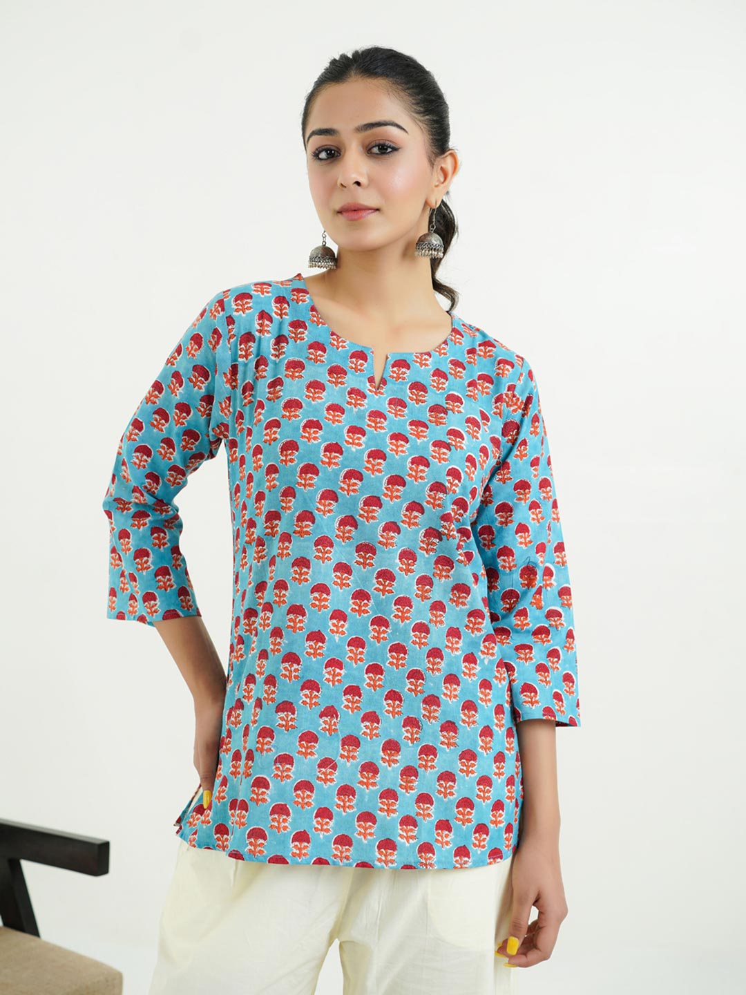3/4th Sleeves Block Printed Cotton Top Turquoise