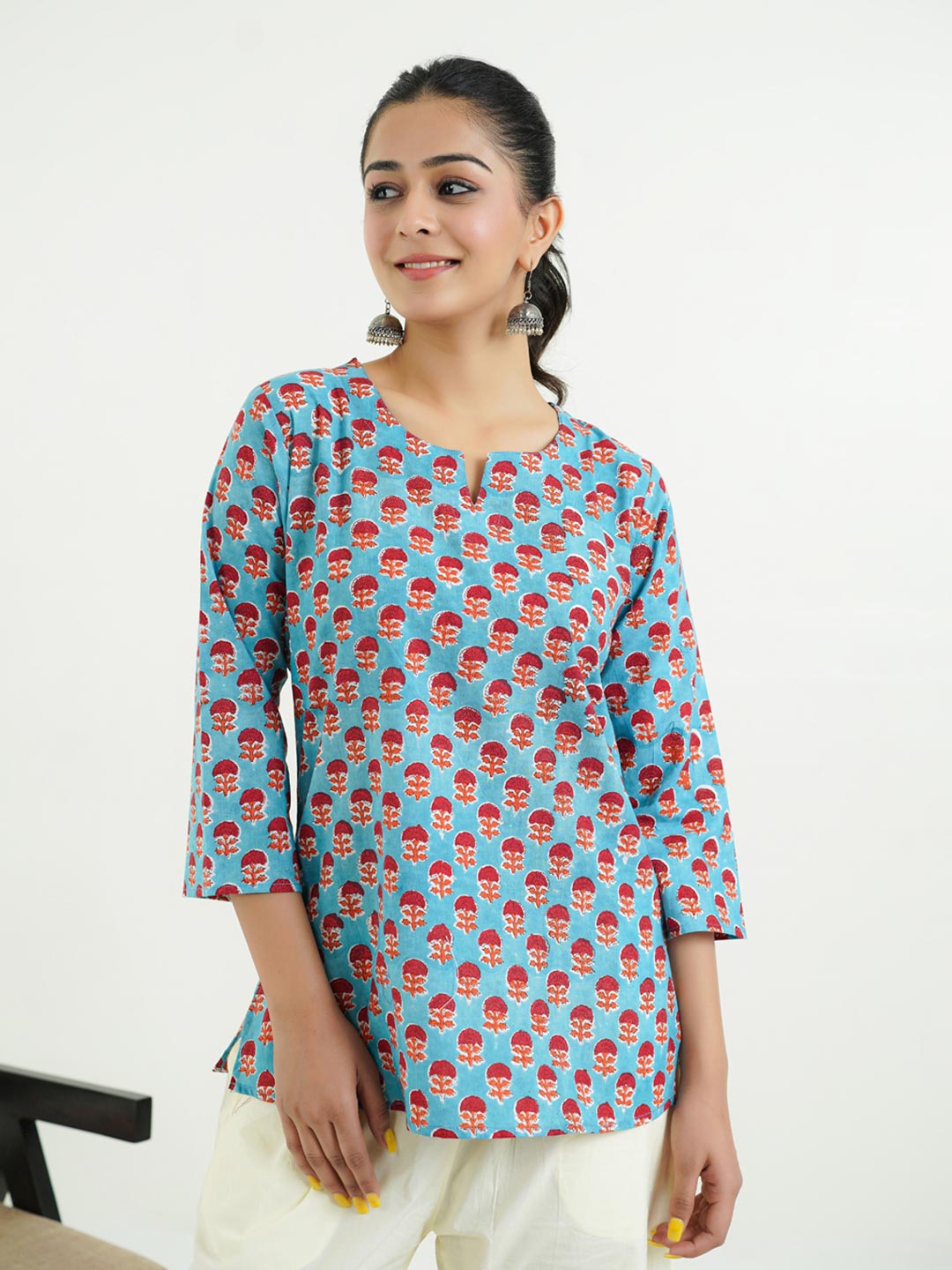 3/4th Sleeves Block Printed Cotton Top Turquoise