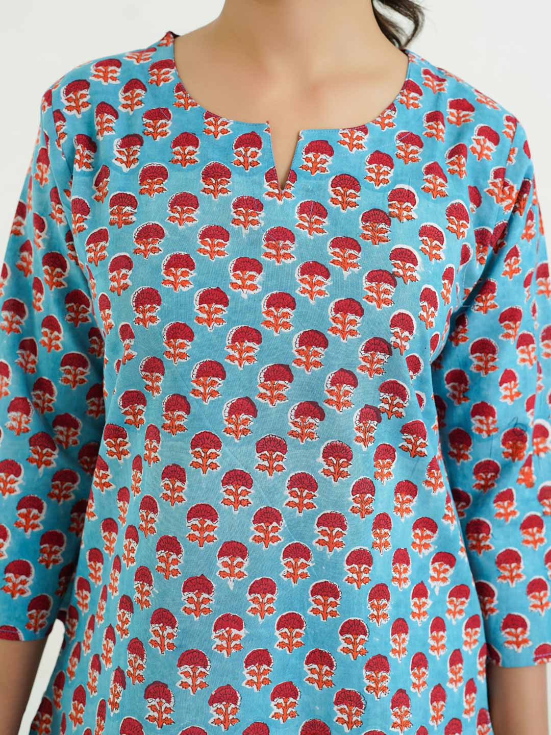 3/4th Sleeves Block Printed Cotton Top Turquoise