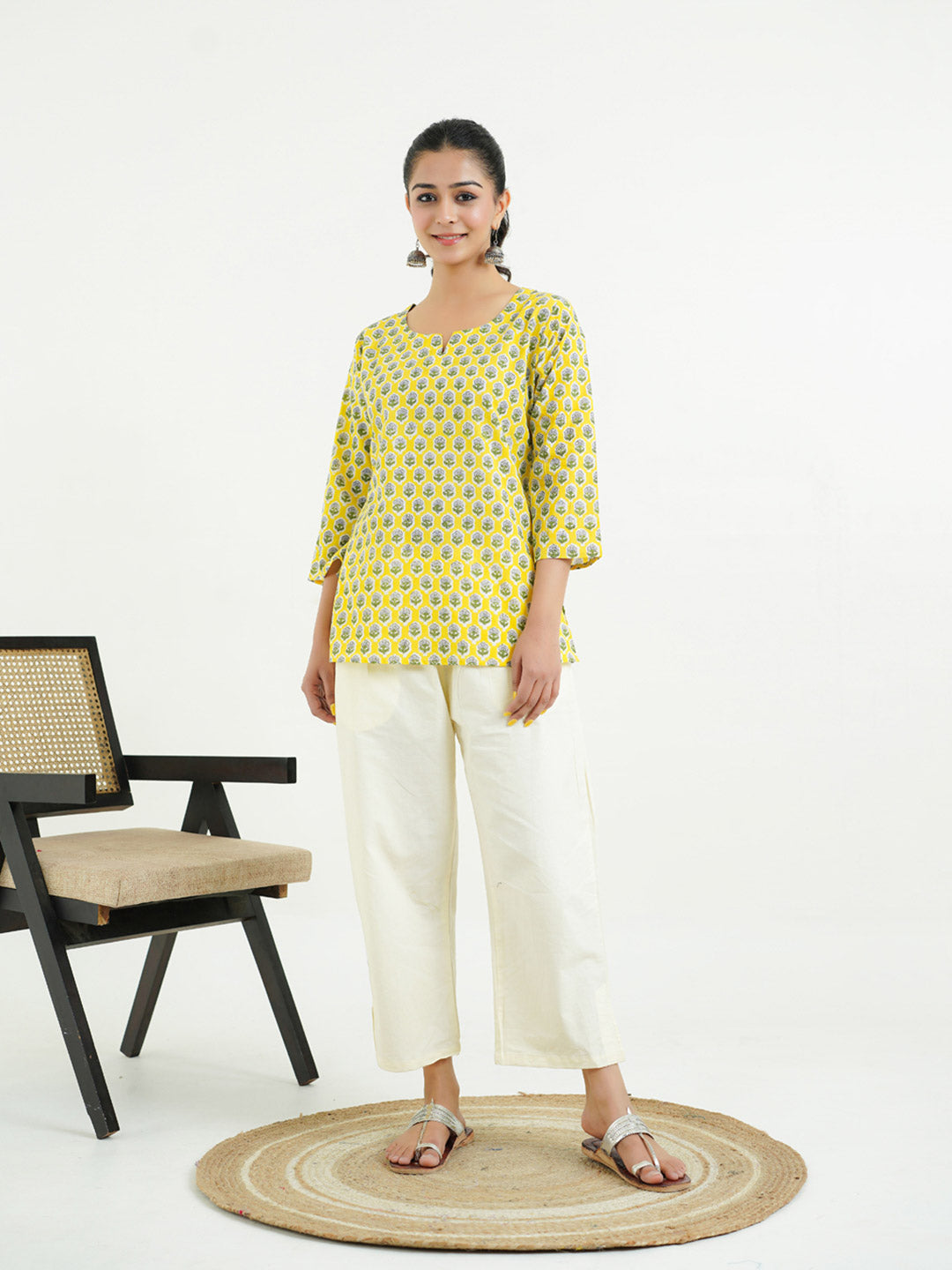 3/4th Sleeves Block Printed Cotton Top Yellow