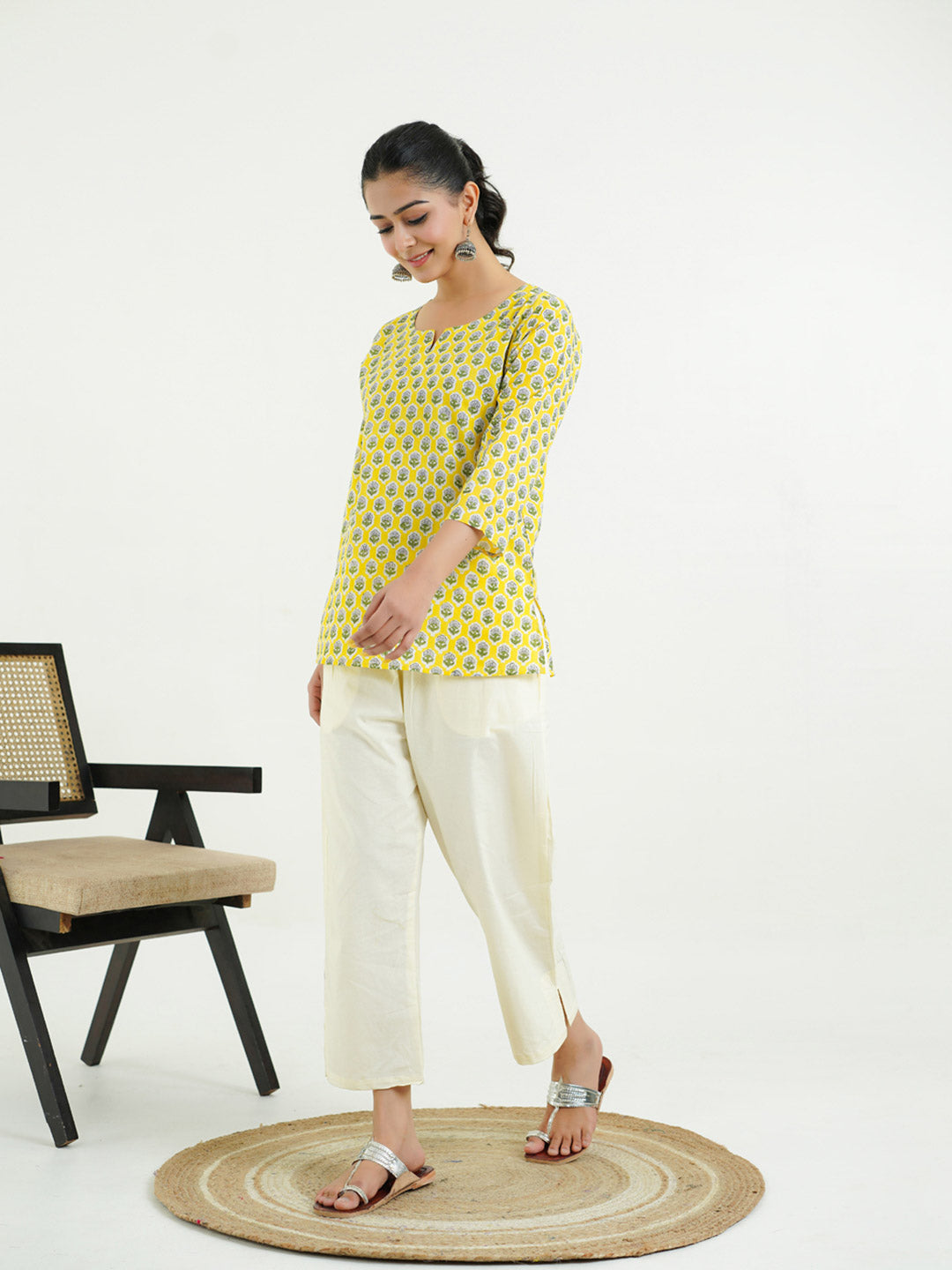 3/4th Sleeves Block Printed Cotton Top Yellow
