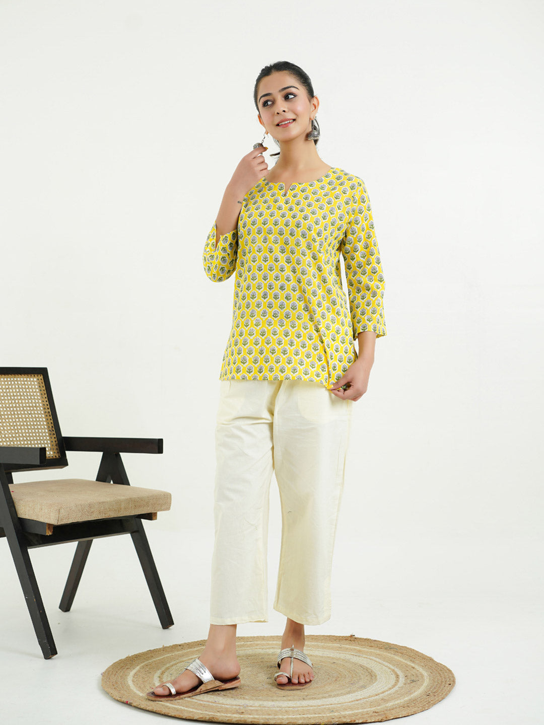 3/4th Sleeves Block Printed Cotton Top Yellow