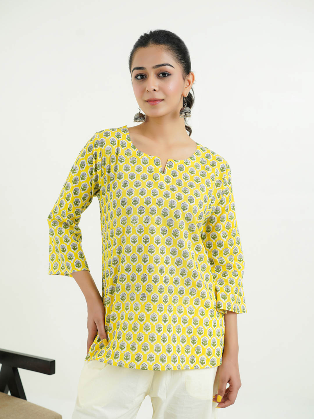 3/4th Sleeves Block Printed Cotton Top Yellow