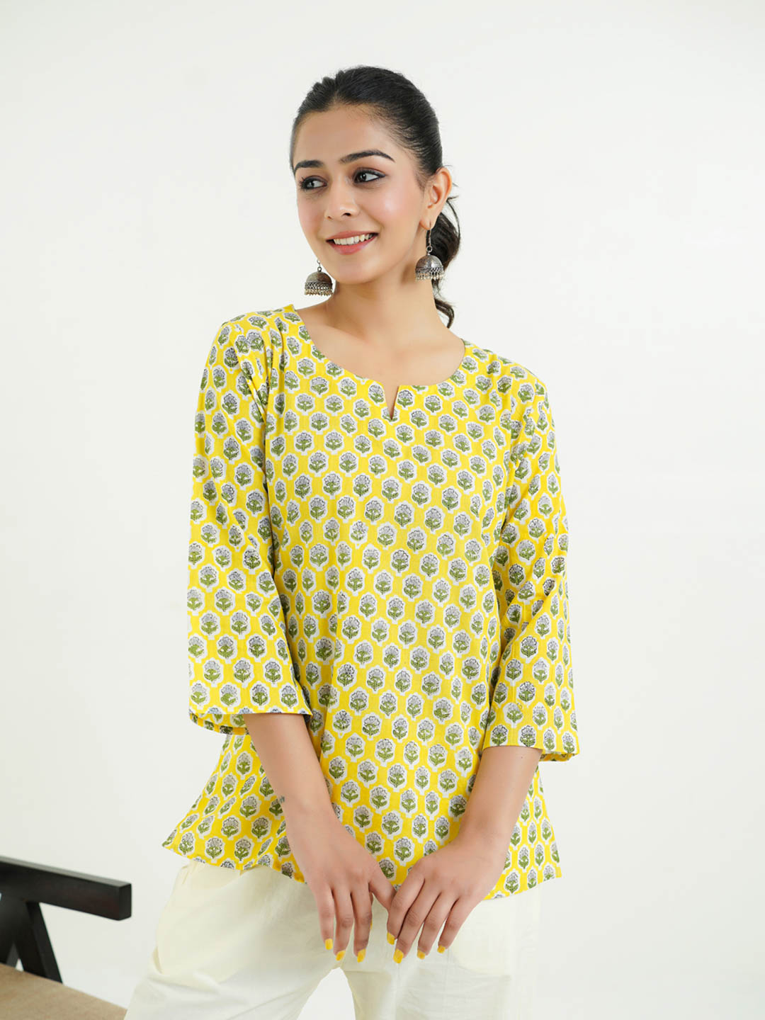 3/4th Sleeves Block Printed Cotton Top Yellow