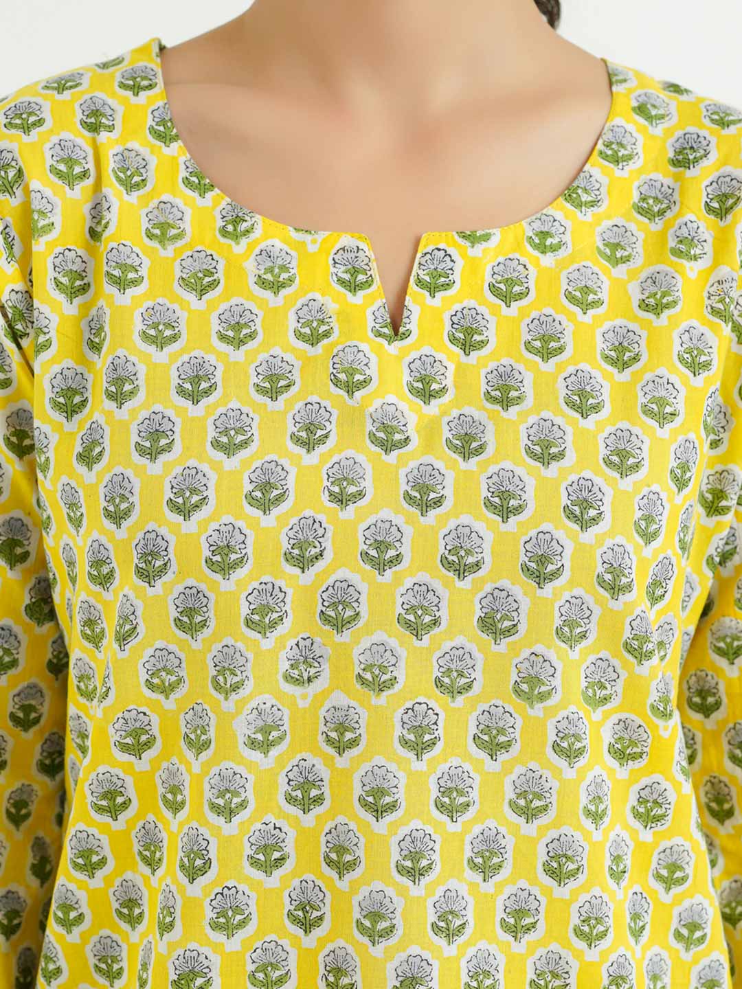 3/4th Sleeves Block Printed Cotton Top Yellow