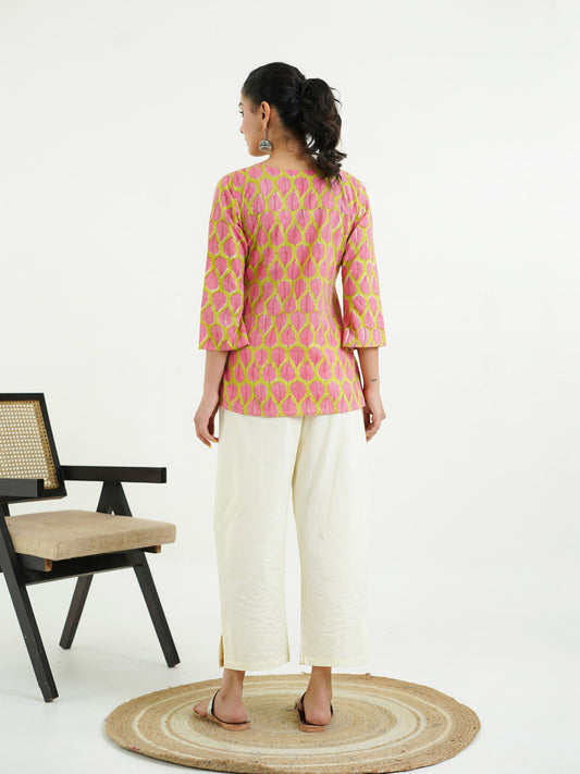 3/4th Sleeves Block Printed Cotton Top Green