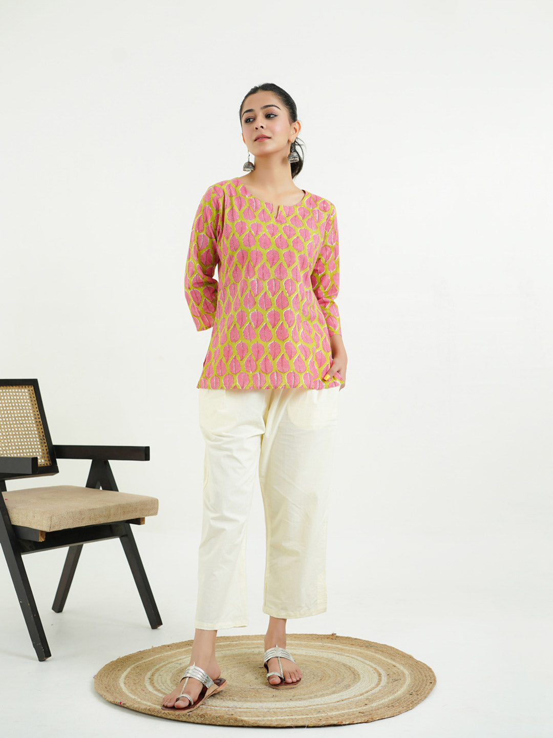 3/4th Sleeves Block Printed Cotton Top Green