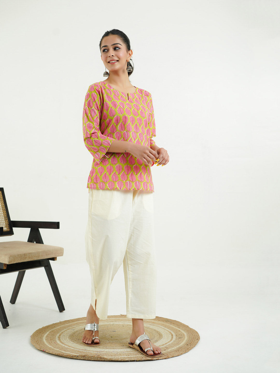 3/4th Sleeves Block Printed Cotton Top Green