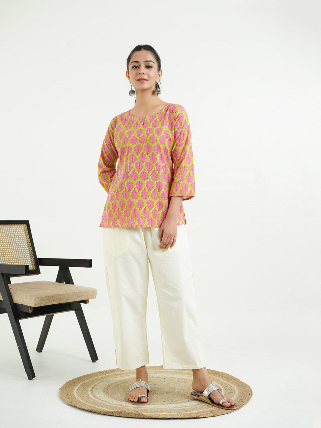 3/4th Sleeves Block Printed Cotton Top Green