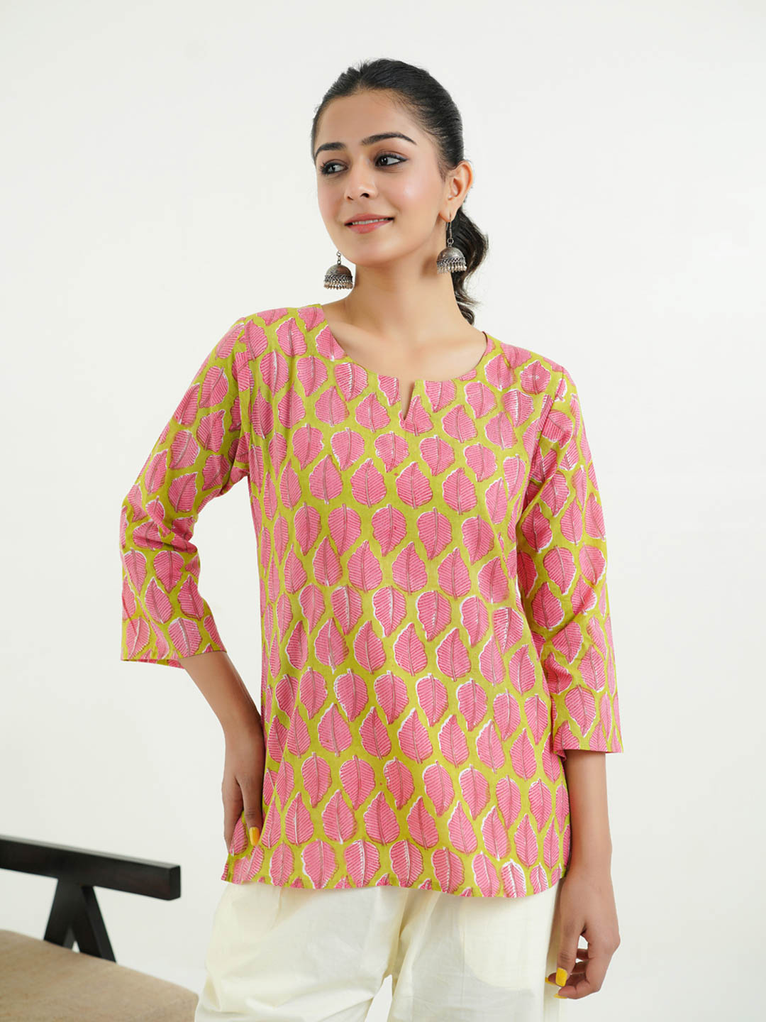 3/4th Sleeves Block Printed Cotton Top Green