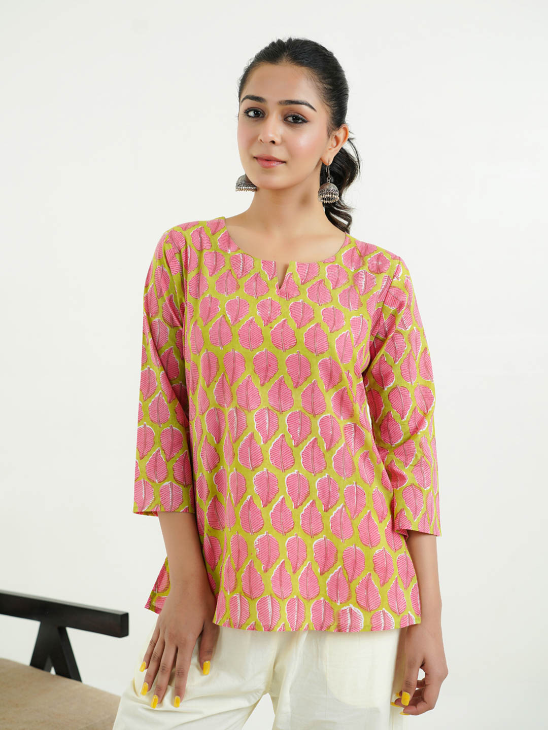 3/4th Sleeves Block Printed Cotton Top Green
