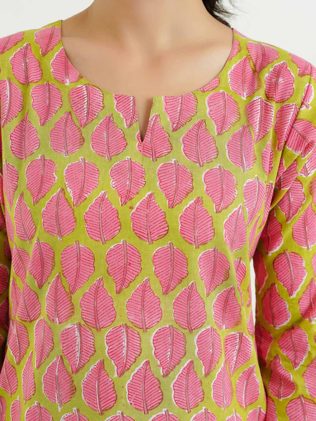 3/4th Sleeves Block Printed Cotton Top Green