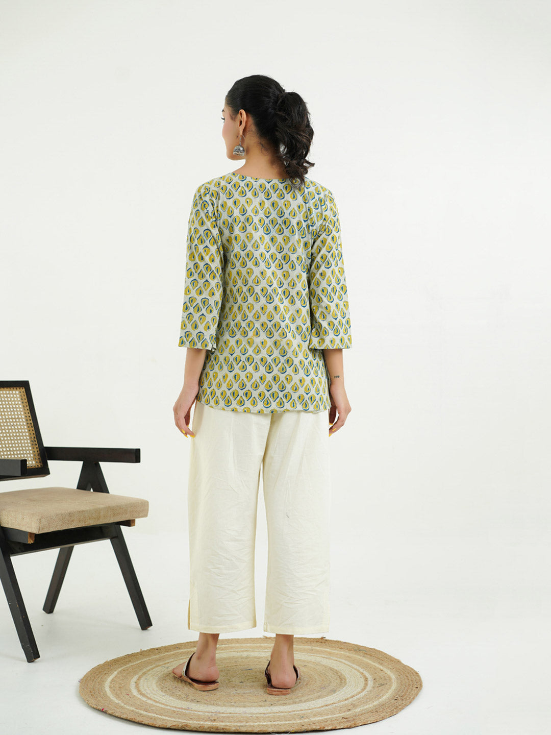 3/4th Sleeves Block Printed Cotton Top Indigo